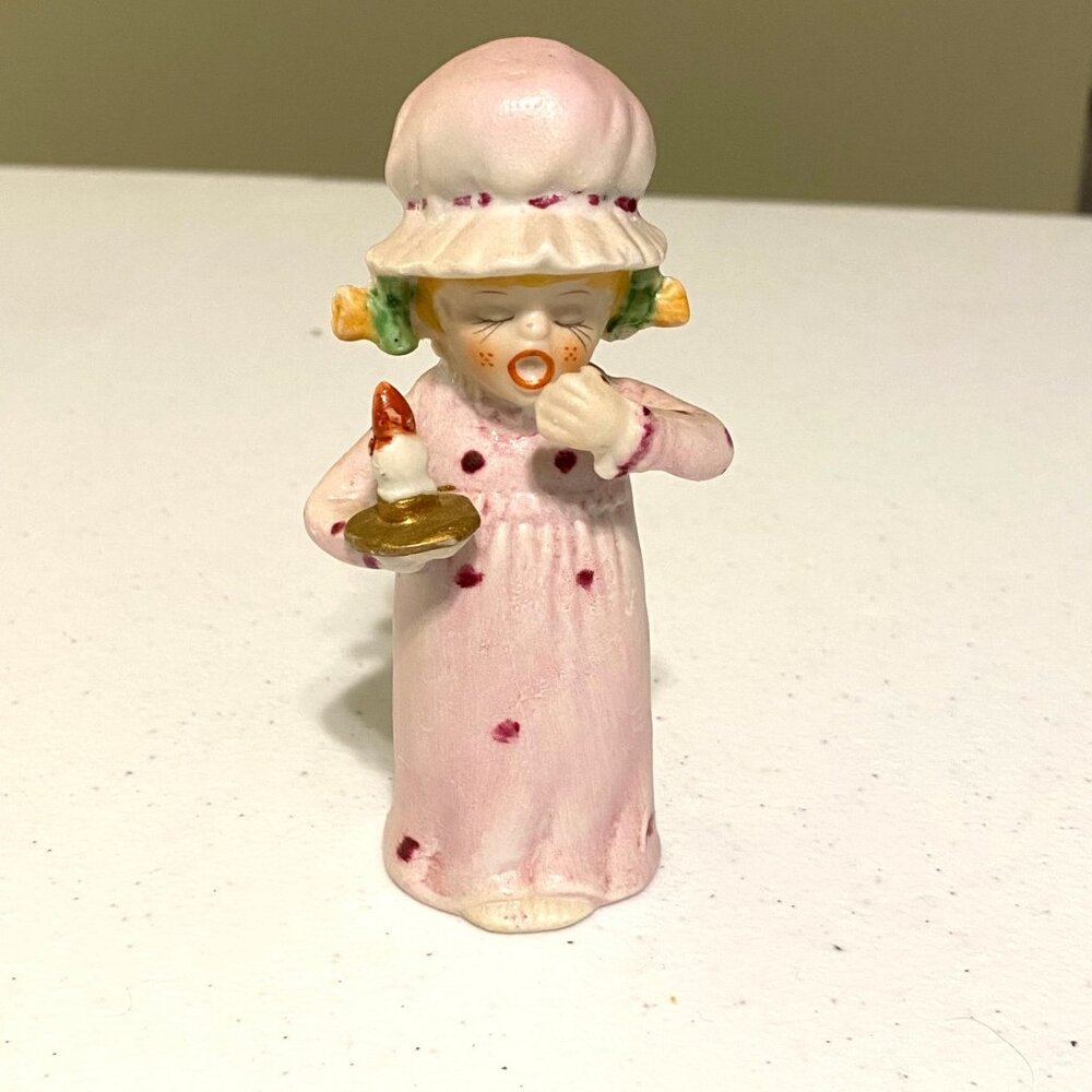 Vintage Christmas Home Decor Yawning Sleepy Girl with Candle Porcelain Figurine